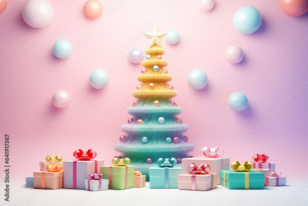 Christmas tree decorate with gift boxes 3D gradient pastel background. Holiday digital illustration for design card, poster or banner in Christmas or New Year festival. Generative AI. Christmas tree decorate with gift boxes 3D gradient pastel background. Holiday digital illustration for design card, poster or banner in Christmas or New Year festival. Generative AI.