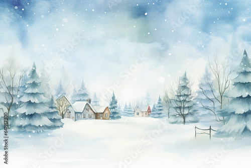 Winter landscape with village cozy houses and fir trees in snow in watercolor style. Holiday digital watercolor illustration for design on Christmas and New Year card, poster or banner. Generative AI. © pingpao