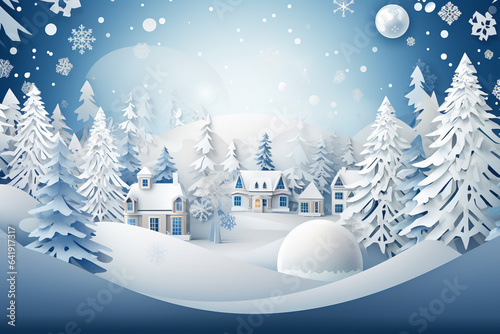 Winter landscape with village cozy houses and fir trees in snow in paper cut style. The background is modern 3d and paper cut for Christmas and New Year card, poster or banner. Generative AI. © pingpao