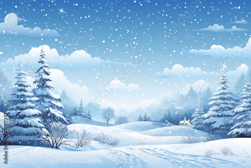 Winter landscape with fir trees in snow mountain. Holiday digital illustration for design card  poster or banner in Christmas or New Year festival holiday. Generative AI.