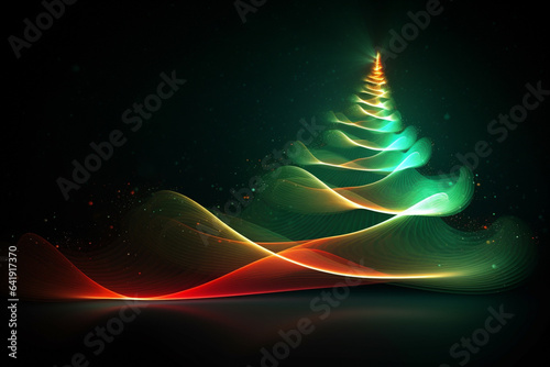 Abstract Christmas tree with neon red and green lighting. Futuristic abstract background. Holiday digital illustration for design card, poster or banner in Christmas festival. Generative AI.