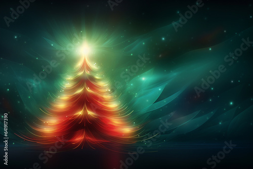 Abstract Christmas tree with neon red and green lighting. Futuristic abstract background. Holiday digital illustration for design card, poster or banner in Christmas festival. Generative AI.