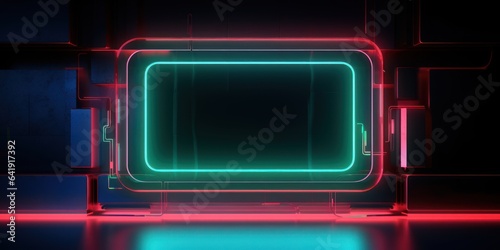 Abstract neon frame in cyberspace basement for your mockup. AI Generation 