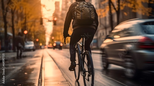 man riding a bicycle on a road in a city street. blurry city in the background. golden hour day time. Generative AI photo