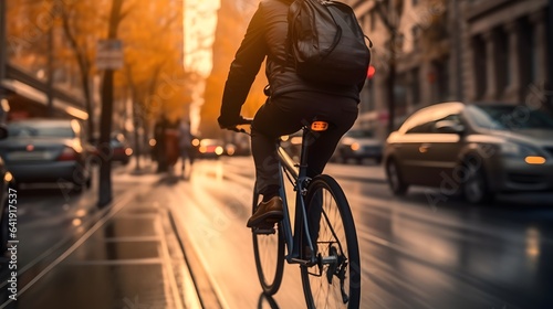 man riding a bicycle on a road in a city street. blurry city in the background. golden hour day time. Generative AI © Lucky Ai