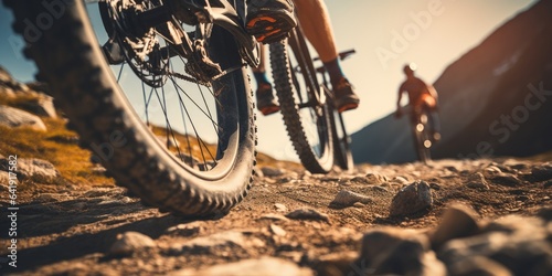 Group of cyclists descends a slope on their mountain bikes. Fototapet