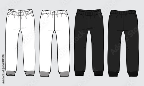 Black and white sweatpants technical drawing fashion flat sketch vector illustration template for ladies