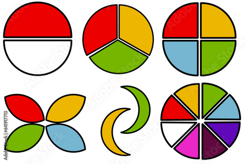 circle vectors and their parts as well as intersection shapes between circles. suitable for educational and graphic learning