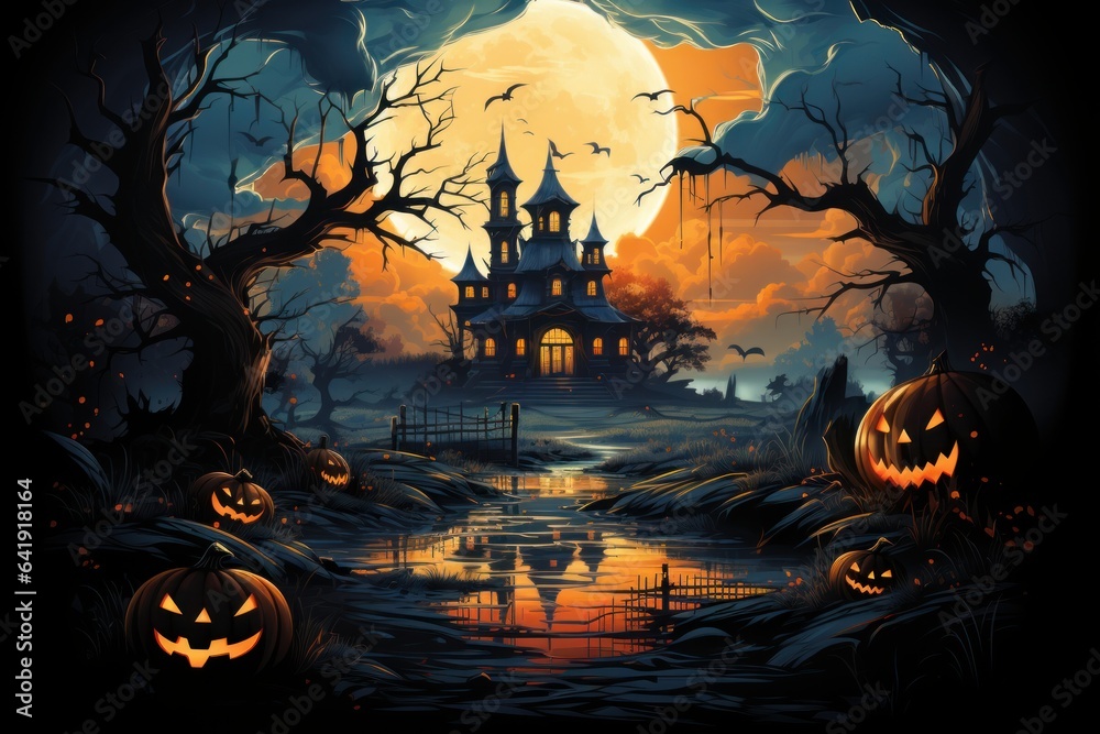 Halloween night scene with moon, Halloween night scene with pumpkin, Hunting house, illustration