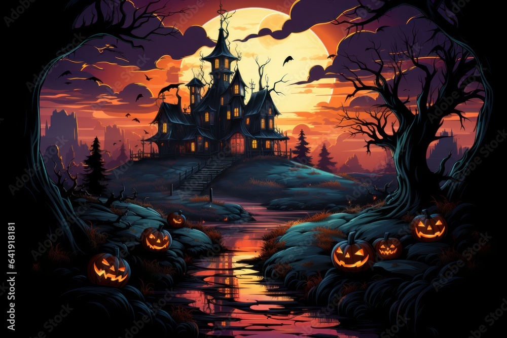 Halloween night scene with moon, Halloween night scene with pumpkin, Hunting house, illustration Halloween night scene with moon, Halloween night scene with pumpkin, Hunting house, illustration