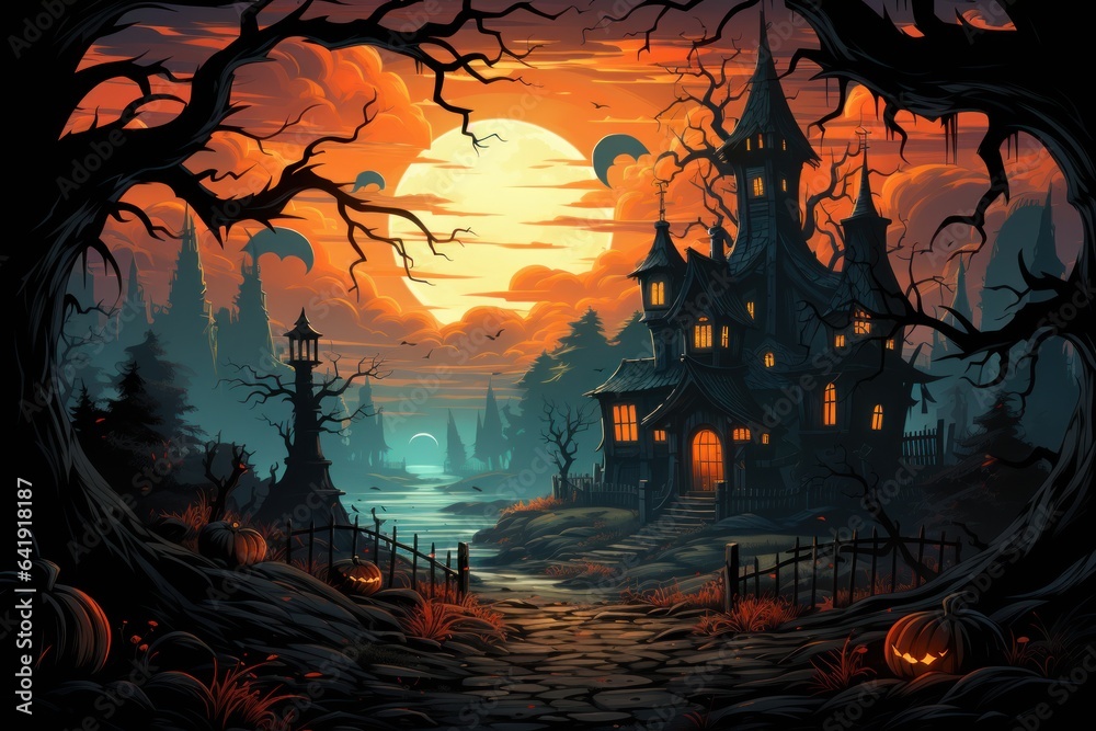 Halloween night scene with moon, Halloween night scene with pumpkin, Hunting house, illustration Halloween night scene with moon, Halloween night scene with pumpkin, Hunting house, illustration
