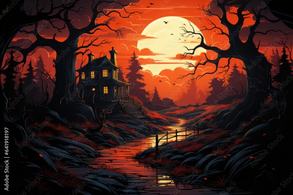 Halloween night scene with moon, Halloween night scene with pumpkin, Hunting house, illustration, Halloween night scene with moon, Halloween night scene with pumpkin, Hunting house, illustration