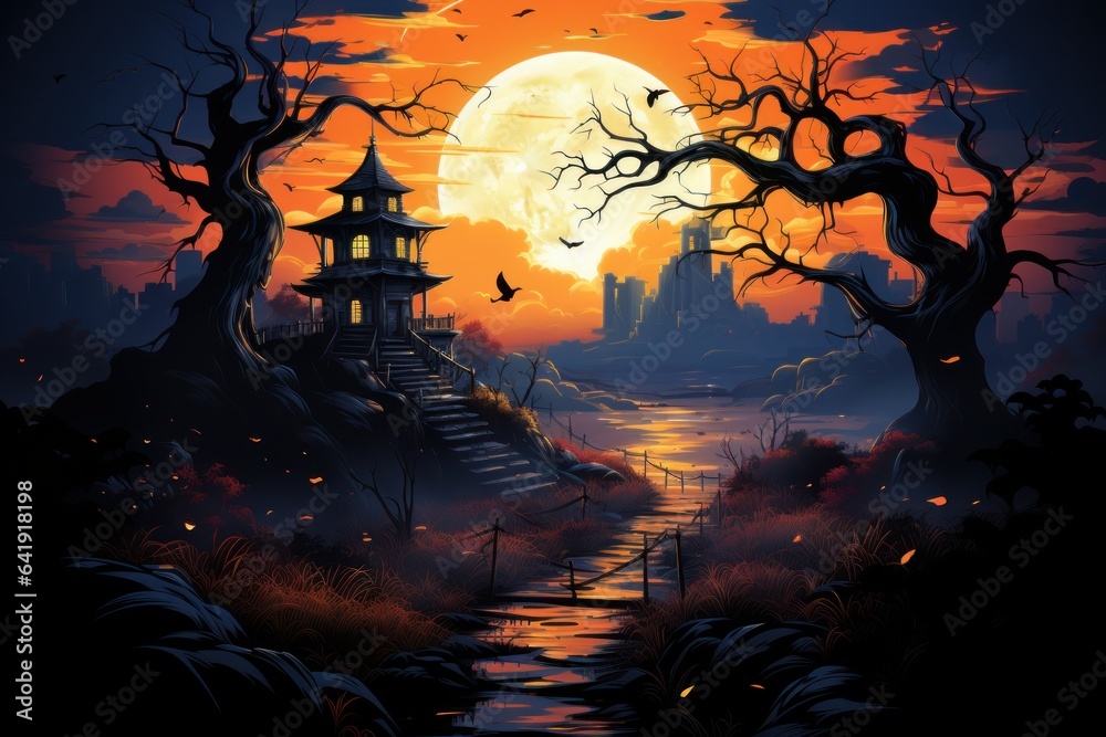 Halloween night scene with moon, Halloween night scene with pumpkin, Hunting house, illustration