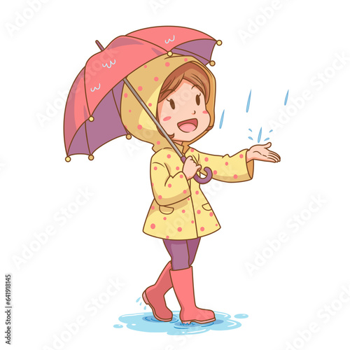 Cartoon character of girl wearing raincoat with umbrella.
