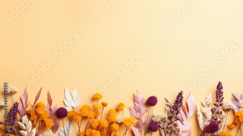 Dried flowers border banner, yellow background