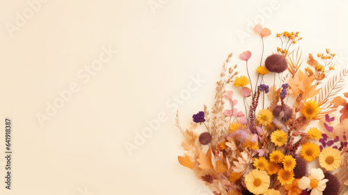 Dried flowers border banner, yellow background © piknine