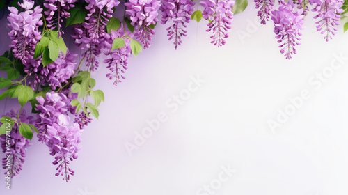 Wisteria floral banner with blank space, purple gradient background