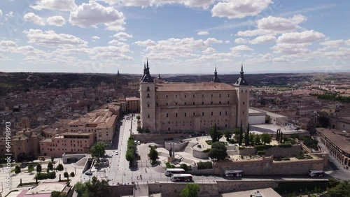 Establishing shot of Alcazar de Toledo fortification in Spain, aerial photo