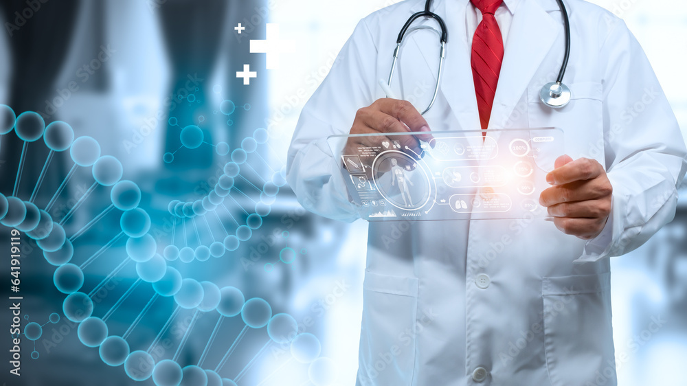 Doctor is using electronic pen touching screen for medical diagnostic analysis on modern virtual screen network connection. Medical technology concept. Doctor is using electronic pen touching screen for medical diagnostic analysis on modern virtual screen network connection. Medical technology concept.