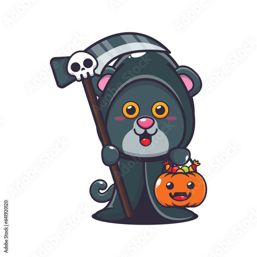 Grim reaper panther holding scythe and halloween pumpkin. 