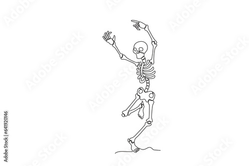 A human skeleton enjoys dancing. Human skeleton one-line drawing