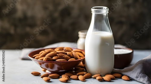 Organic almond milk in glass bottle near ceramic bowl with raw almonds on stone table in the kitchen ready for cooking, AI Generative