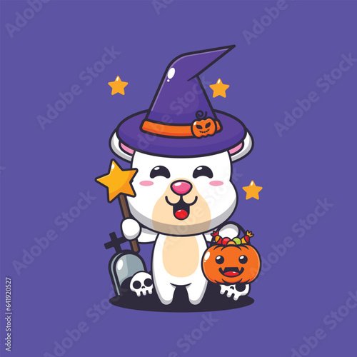 Witch polar bear in halloween day cartoon illustration.