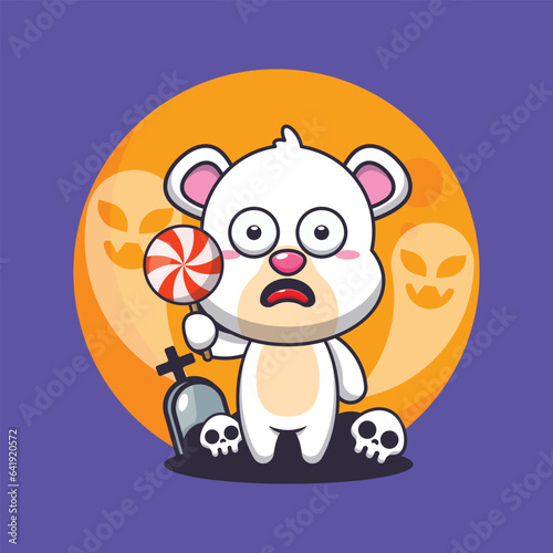 Cute polar bear scared by ghost in halloween day cartoon illustration.