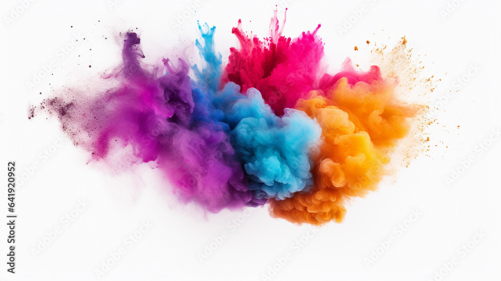 Whimsical Dance of Multicolored Powder in the Air on a White Canvas, Celebrating Joyful Moments in Vivid Splendor Whimsical Dance of Multicolored Powder in the Air on a White Canvas, Celebrating Joyful Moments in Vivid Splendor