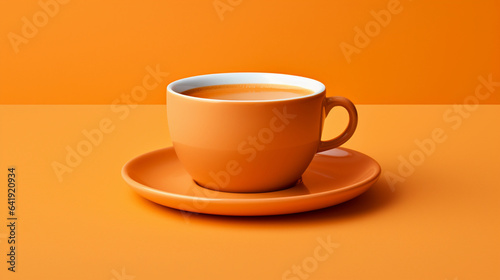 A Coordinated Display of an Orange Cup, Coffee Plate, and Surface, Infusing Warmth and Harmony into Your Coffee Moment