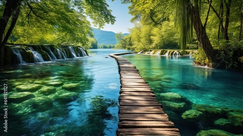 Colorful spring scene of green forest with pure water lake