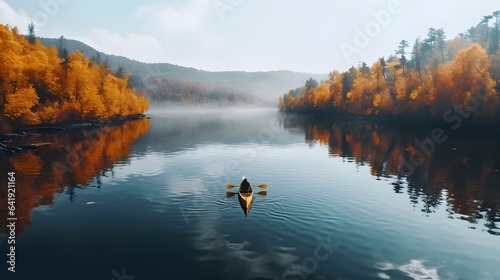 Fényképezés Person rowing on a calm lake in autumn, aerial view only small boat visible with serene water around - lot of empty copy space for text