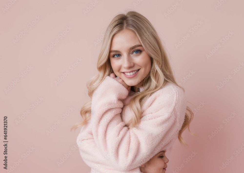blonde woman wearing casual winter clothing over pink background Hugging one self happy and positive, smiling confident. Self love and self care blonde woman wearing casual winter clothing over pink background Hugging one self happy and positive, smiling confident. Self love and self care