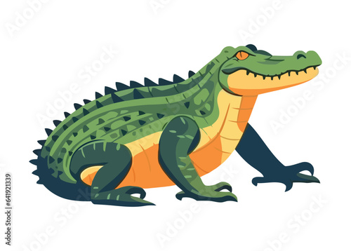 Cute cartoon crocodile with green tail sitting isolated