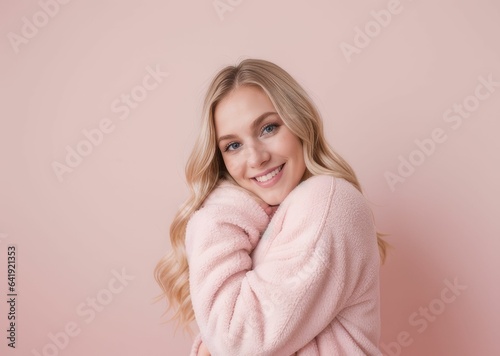 blonde woman wearing casual winter clothing over pink background Hugging one self happy and positive, smiling confident. Self love and self care