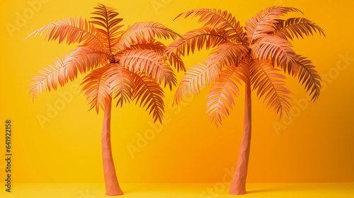 Handcrafted Paper Sculpture Featuring Two Graceful Palm Trees Against a Vibrant Orange Background