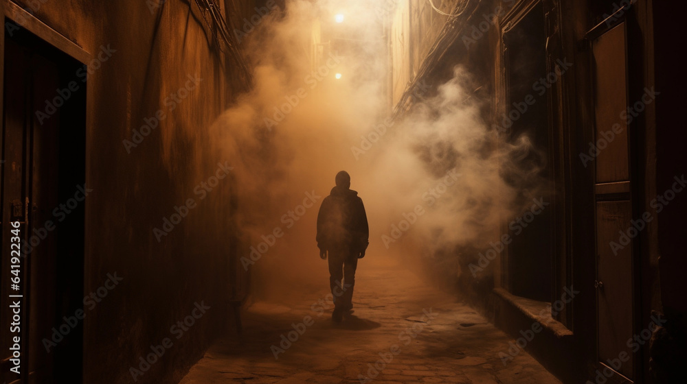 Fototapeta premium Person Standing in a Narrow Alleyway Surrounded by Mysterious Smokes