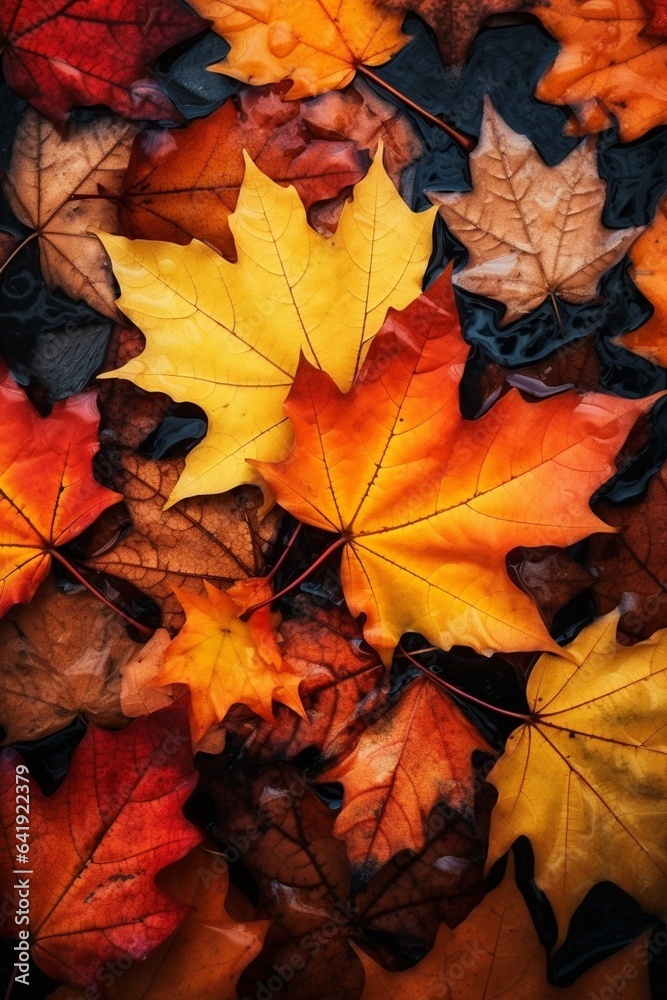 Generative AI : Red and Orange Autumn Leaves Background