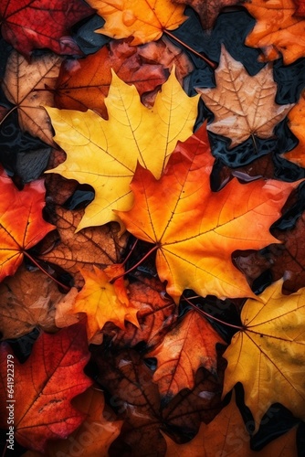 Generative AI : Red and Orange Autumn Leaves Background