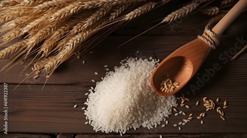 Top view of wooden grain scoop with pile of scattered white rice on wooden table near tied bunch of dry wheat ears, AI Generative