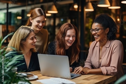 Generative AI : Joy of teamwork. Female coworkers using laptop,