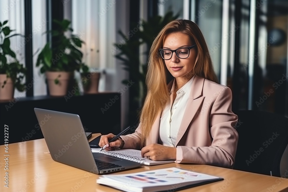 Generative AI : A young woman works in the office at a table behind a laptop. Feels severe pain, sprains, massages Generative AI : A young woman works in the office at a table behind a laptop. Feels severe pain, sprains, massages