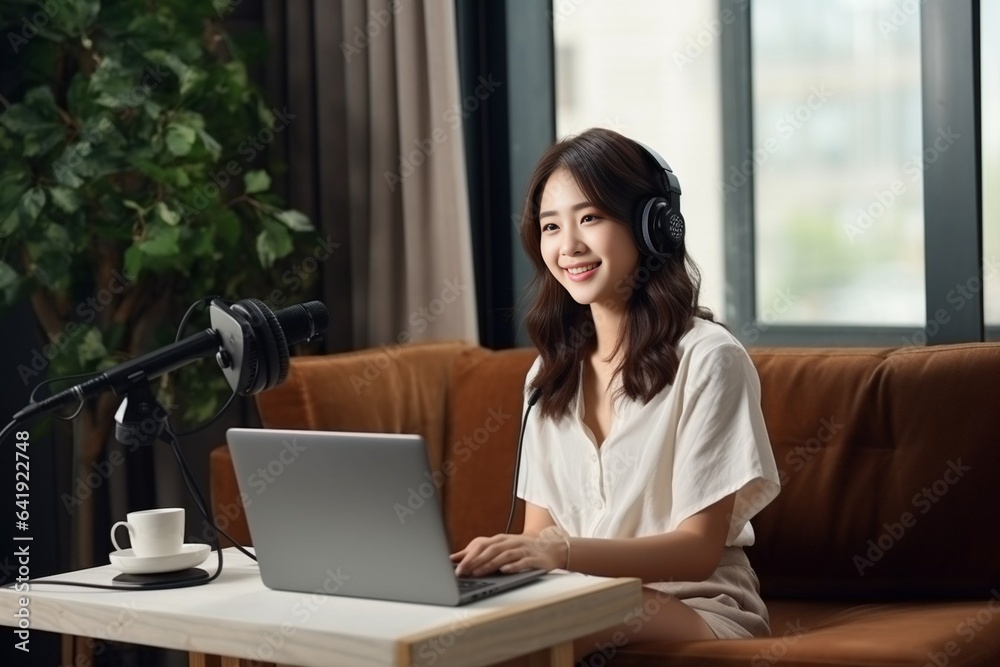 Generative AI : A young American woman journalist, blogger conducts a podcast, broadcast remotely from home. Sitting on a sofa in front of a microphone and a laptop and reading a book. Generative AI : A young American woman journalist, blogger conducts a podcast, broadcast remotely from home. Sitting on a sofa in front of a microphone and a laptop and reading a book.