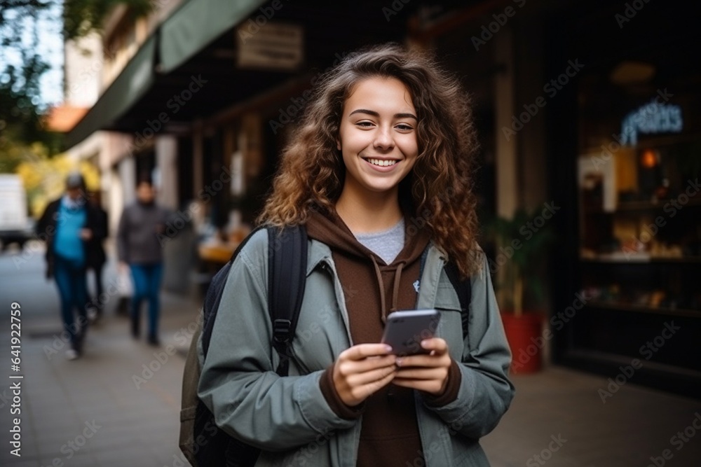 Generative AI : A portrait of a young beautiful woman standing on the street, holding a crew and a phone in her hands, smiles at the camera. The photo is close. Generative AI : A portrait of a young beautiful woman standing on the street, holding a crew and a phone in her hands, smiles at the camera. The photo is close.