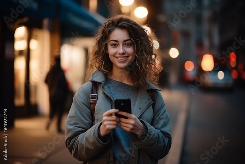 Generative AI : A portrait of a young beautiful woman standing on the street, holding a crew and a phone in her hands, smiles at the camera. The photo is close. © The Little Hut