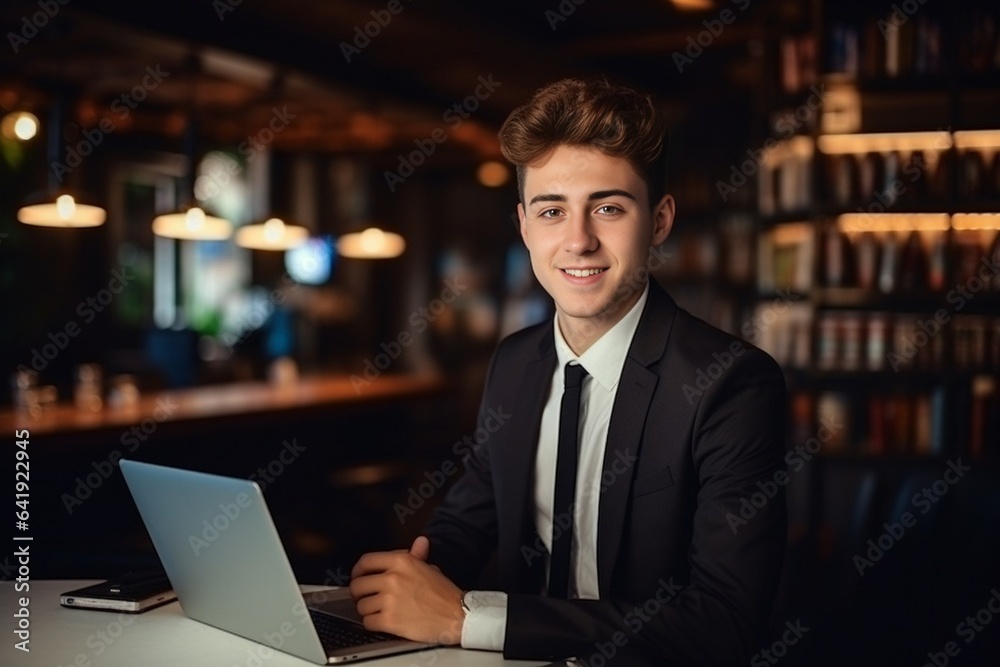 Generative AI : Close-up photo. Portrait of a young man student wearing a suit studying online. He looks at the camera with a smile.