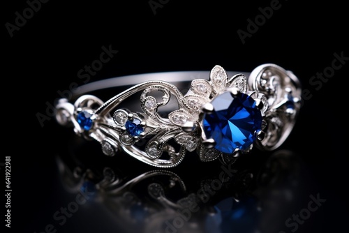 Generative AI   Blue Sapphire Silver Ring For Women s Wedding  Engagement. Blue Gemstone Jewelry. Seamless White Background