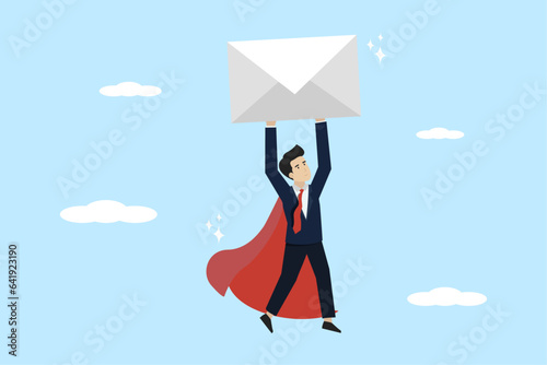 Email communication, message delivery or information concept, businessman superhero carrying big email envelope flying to recipient address. Successful businessman illustration.