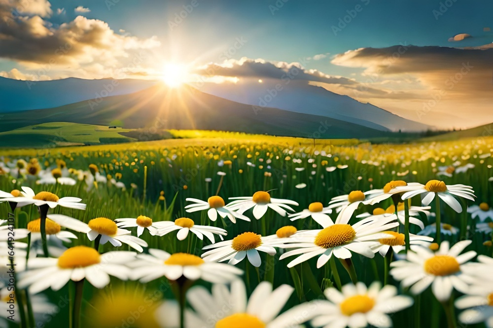 Chamomiles daisies macro in summer spring field on background blue sky with sunshine , nature panoramic view. Summer natural landscape with copy space
