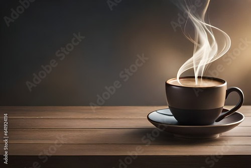 Coffee in blue cup on wooden table in cafe with lighting background